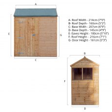 7x5 Mercia Shiplap Apex & Reverse Apex Shed - dimensions for reverse apex style