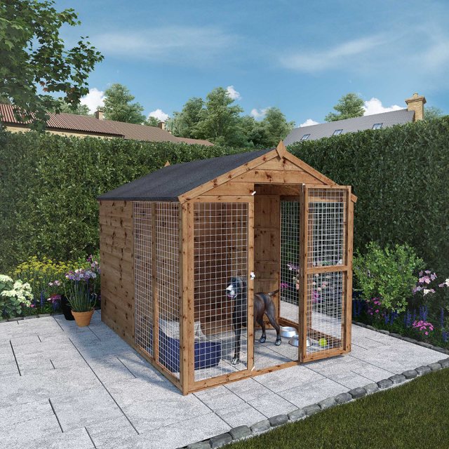 8x6 Mercia Staffordshire Dog Kennel & Run - Pressure Treated - with background angled  and door open