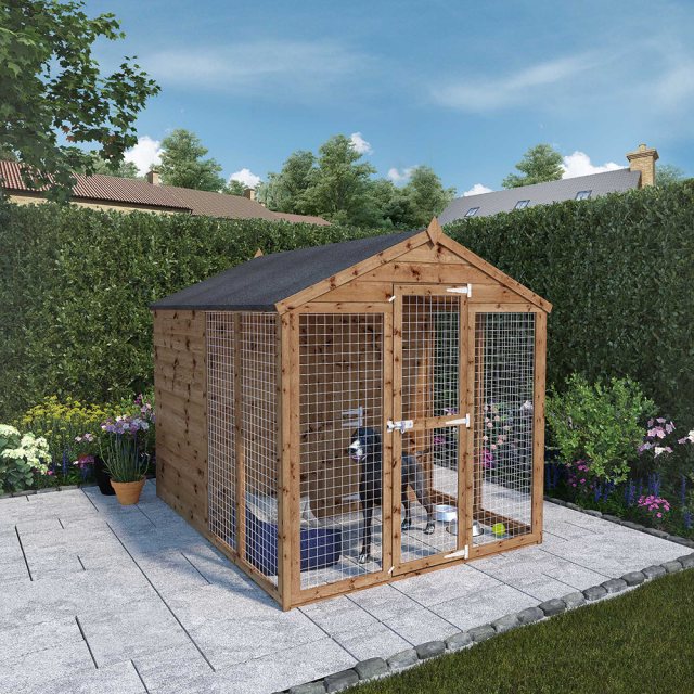 8x6 Mercia Staffordshire Dog Kennel & Run - Pressure Treated with background and door closed