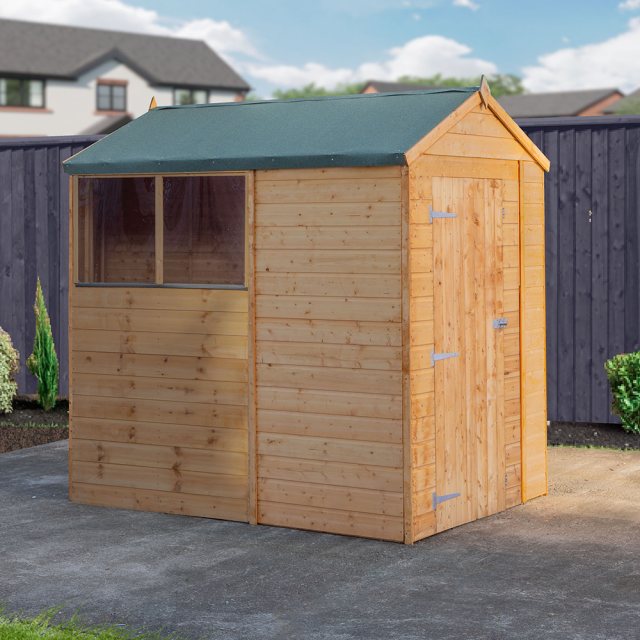 7x5 Mercia Shiplap Apex & Reverse Apex Shed - apex style front view with door closed